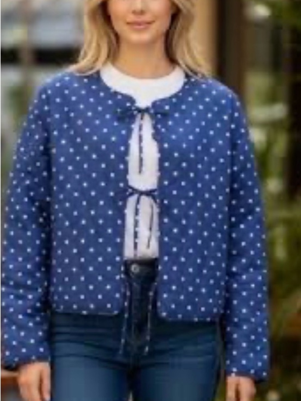 Avec Les Filles NWT $192 Blue Polka Dot Tie-Front Bomber Jacket